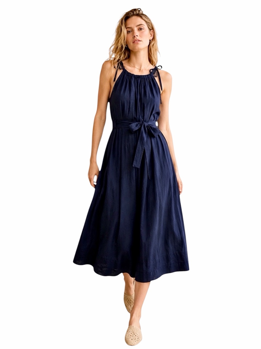 Ulla Johnson – Jodi Midi Dress – Navy Cotton Poplin Tie Waist Sleeveless – Sz. 8